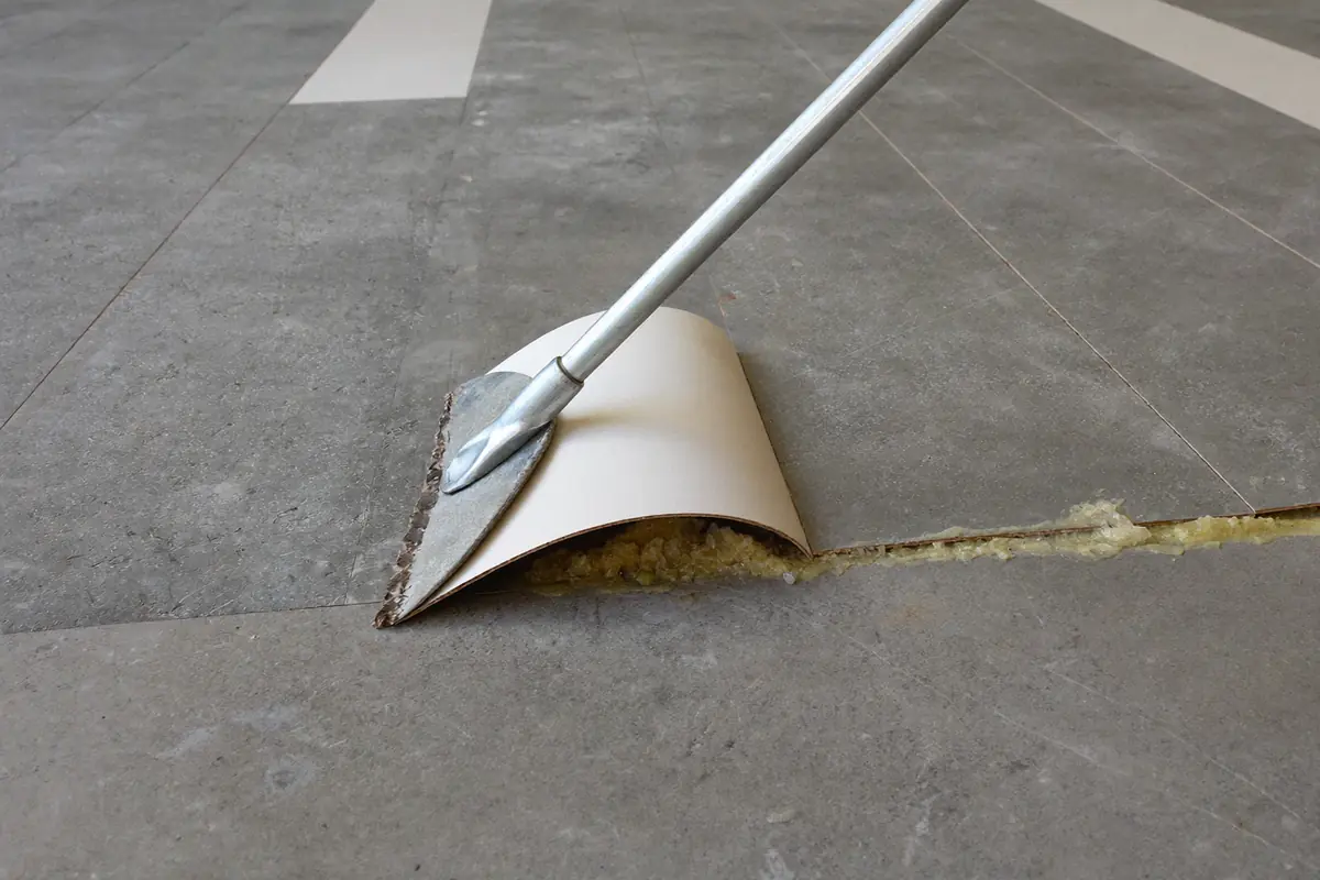 Hand in werkhandschoen met een lange vloerschraper die een verlijmde vinylstrook van de betonvloer lostrekt, met gele lijm eronder